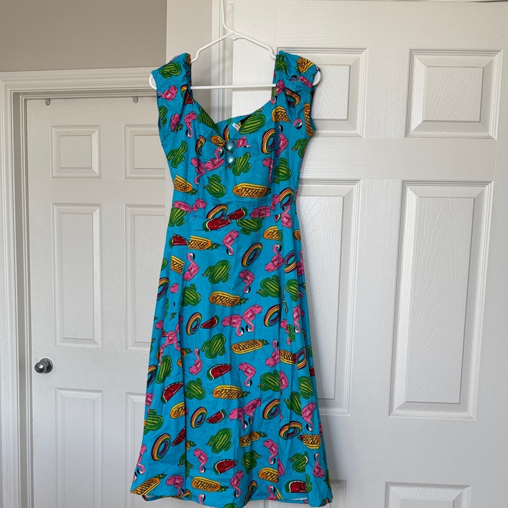 Collectif Blue and Pink Patterned Midi Dress
